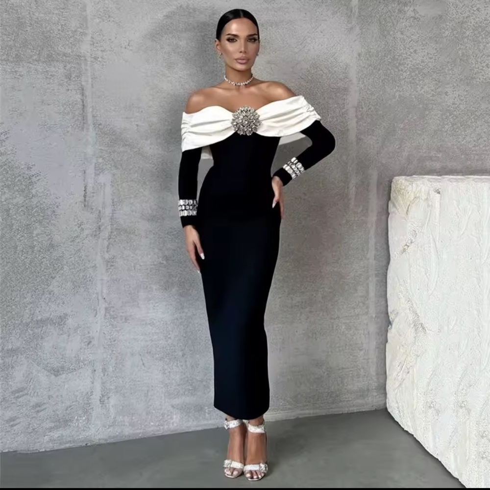Elegant Off-Shoulder Black and White Dress